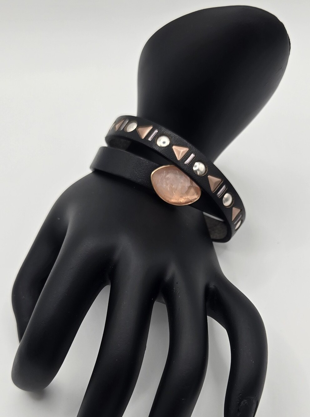 Black Leather Wrap Keep Collective Bracelet With Pink Quartz Charm